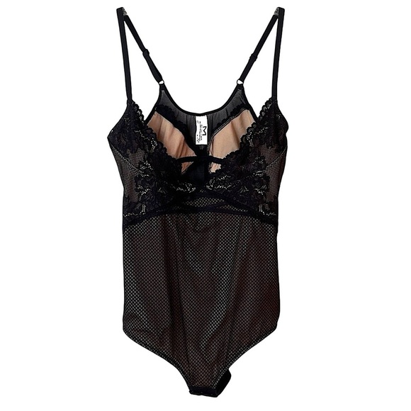 Maidenform Black Floral Lace Bodysuit Lg Sheer Back Stretch Nylon V-Neck - Picture 1 of 17